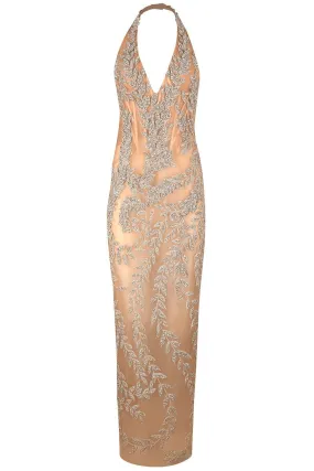 Crystal Leaves Embroidered Column Gown