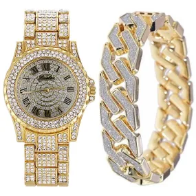 Crystal-Studded Bracelet and Watch Fashion Hip-hop Jewelry Set