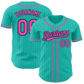 Custom Aqua White Pinstripe Pink-Navy Authentic Baseball Jersey