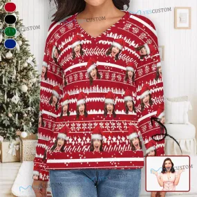 Custom Face V-Neck Sweater for Women Multicolor Christmas Design Ugly Sweater Long-Sleeve Pullover Sweater