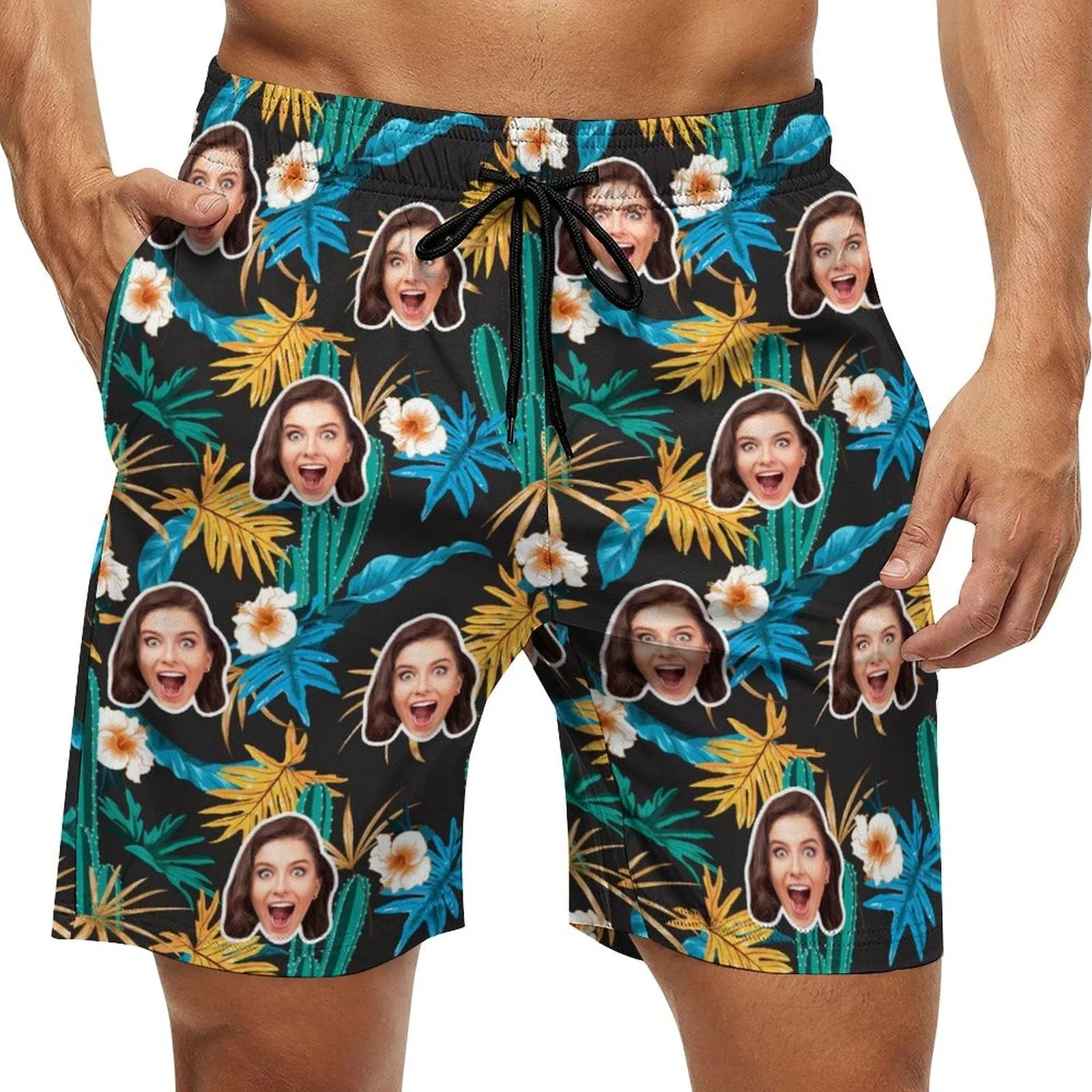 Custom Girlfriend Face Yellow Leaves Men's Casual Quick-drying Beach Shorts with White Flower