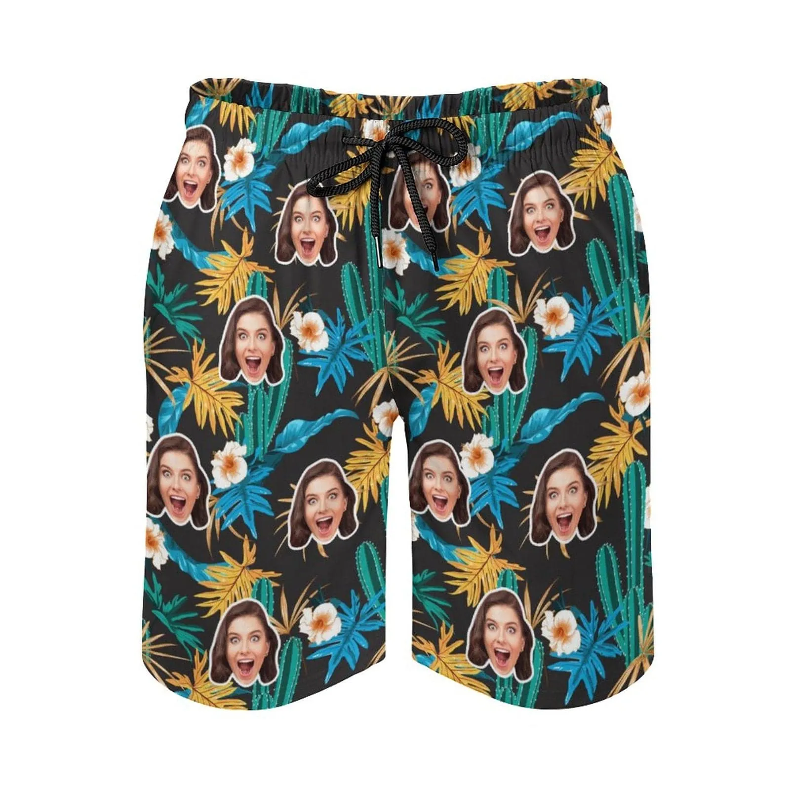 Custom Girlfriend Face Yellow Leaves Men's Casual Quick-drying Beach Shorts with White Flower