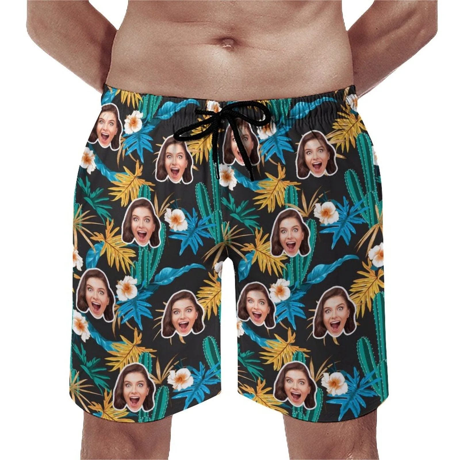 Custom Girlfriend Face Yellow Leaves Men's Casual Quick-drying Beach Shorts with White Flower