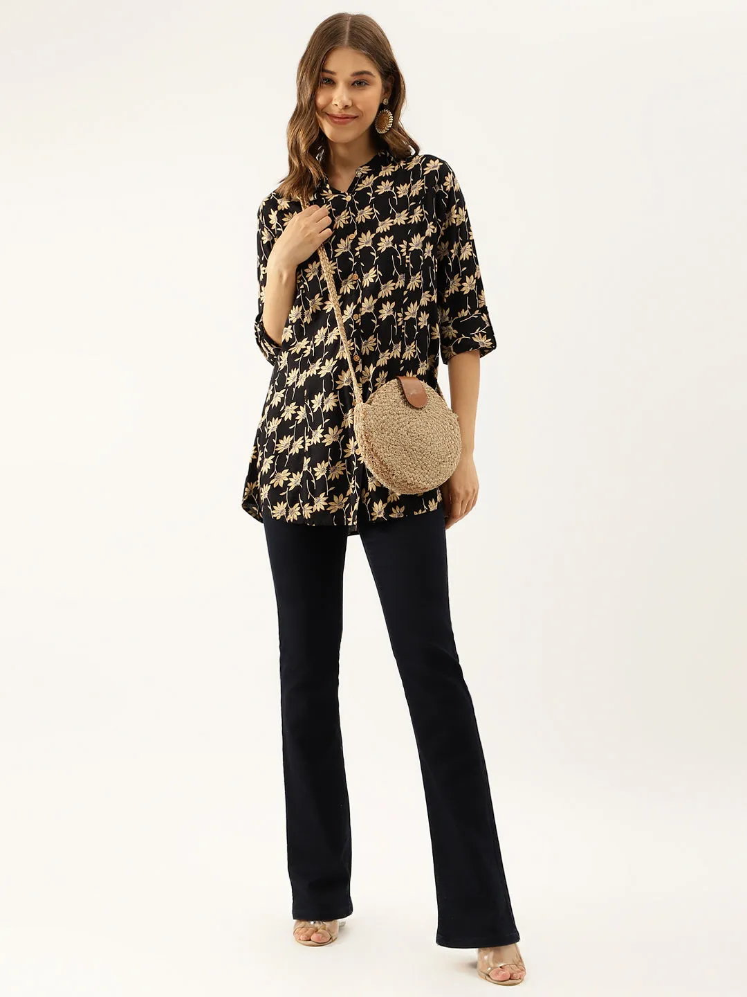 Divena Black Floral Printed Rayon Shirt type Top for Women