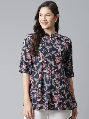 Divena Blue Printed Rayon Shirt Style A-Line Top