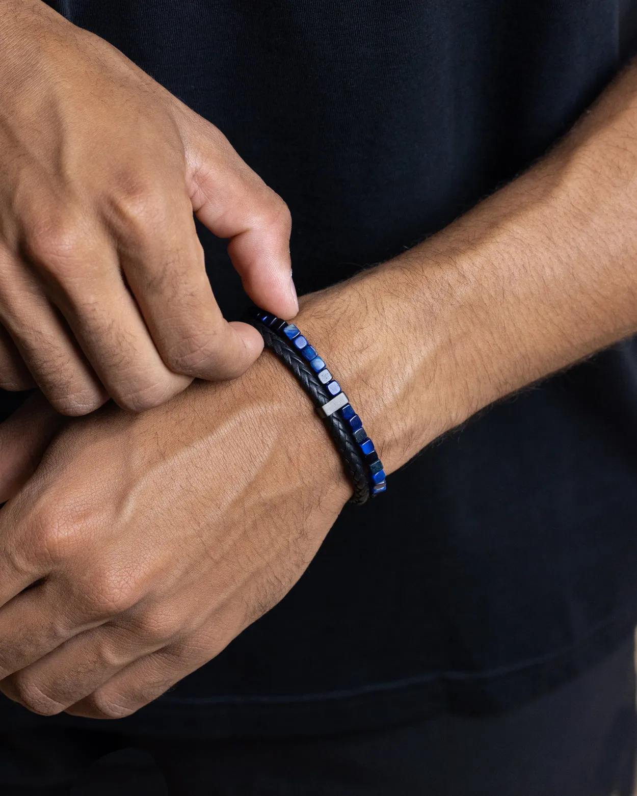 Double bracelet with black Italian leather and blue Tiger Eye stone