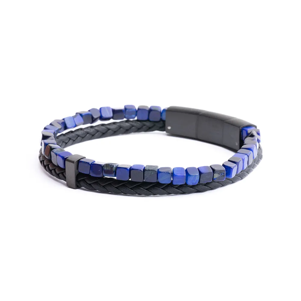 Double bracelet with black Italian leather and blue Tiger Eye stone