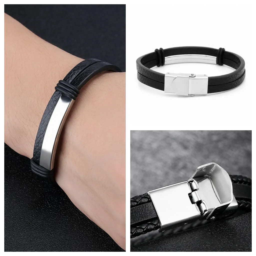 Double Layers Leather Bracelet with Stainless Steel ID Plate