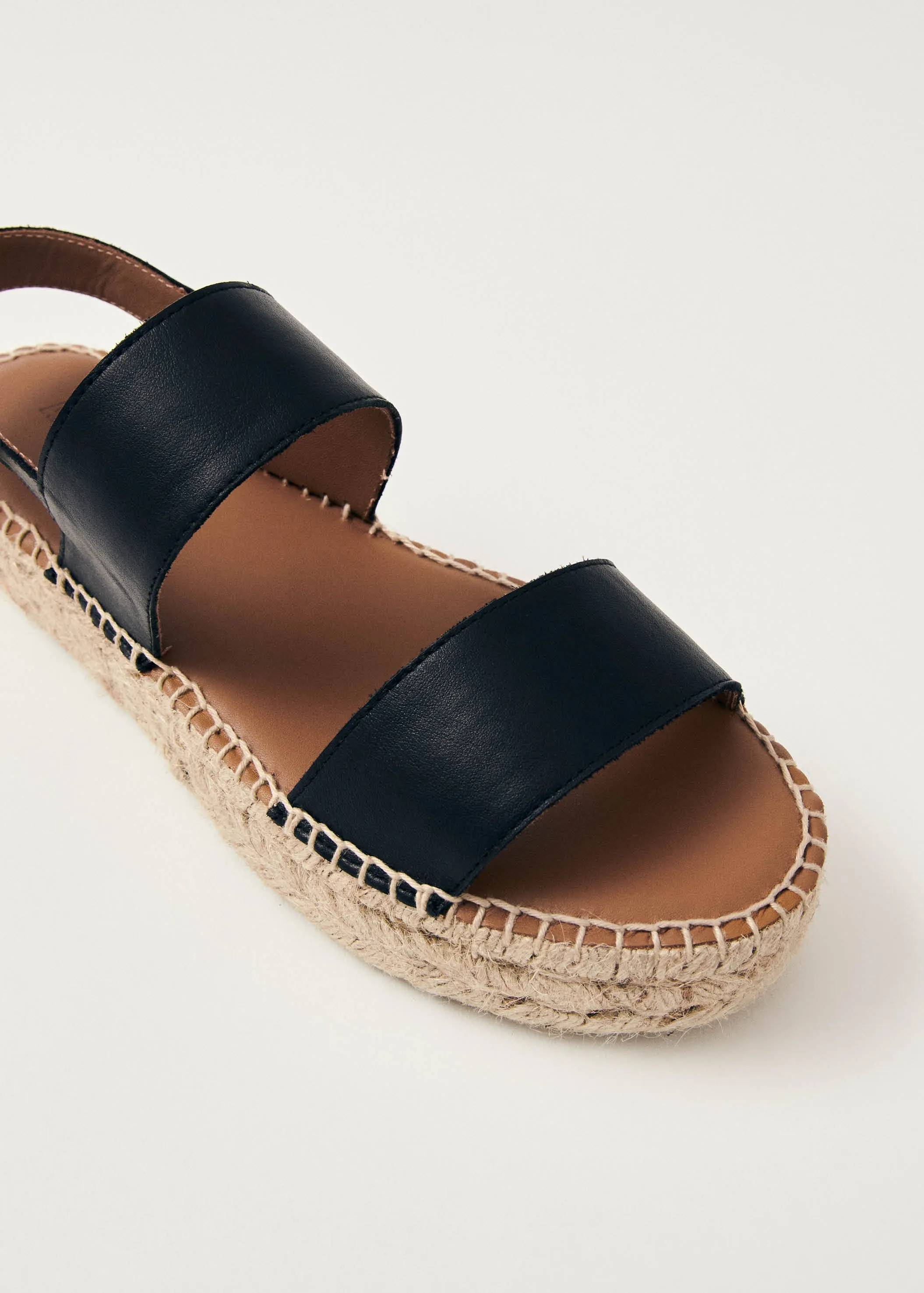 Double Strap Black Leather Espadrilles