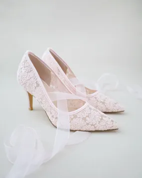 Dusty Pink Crochet Evening Pump with Sheer Lace Up