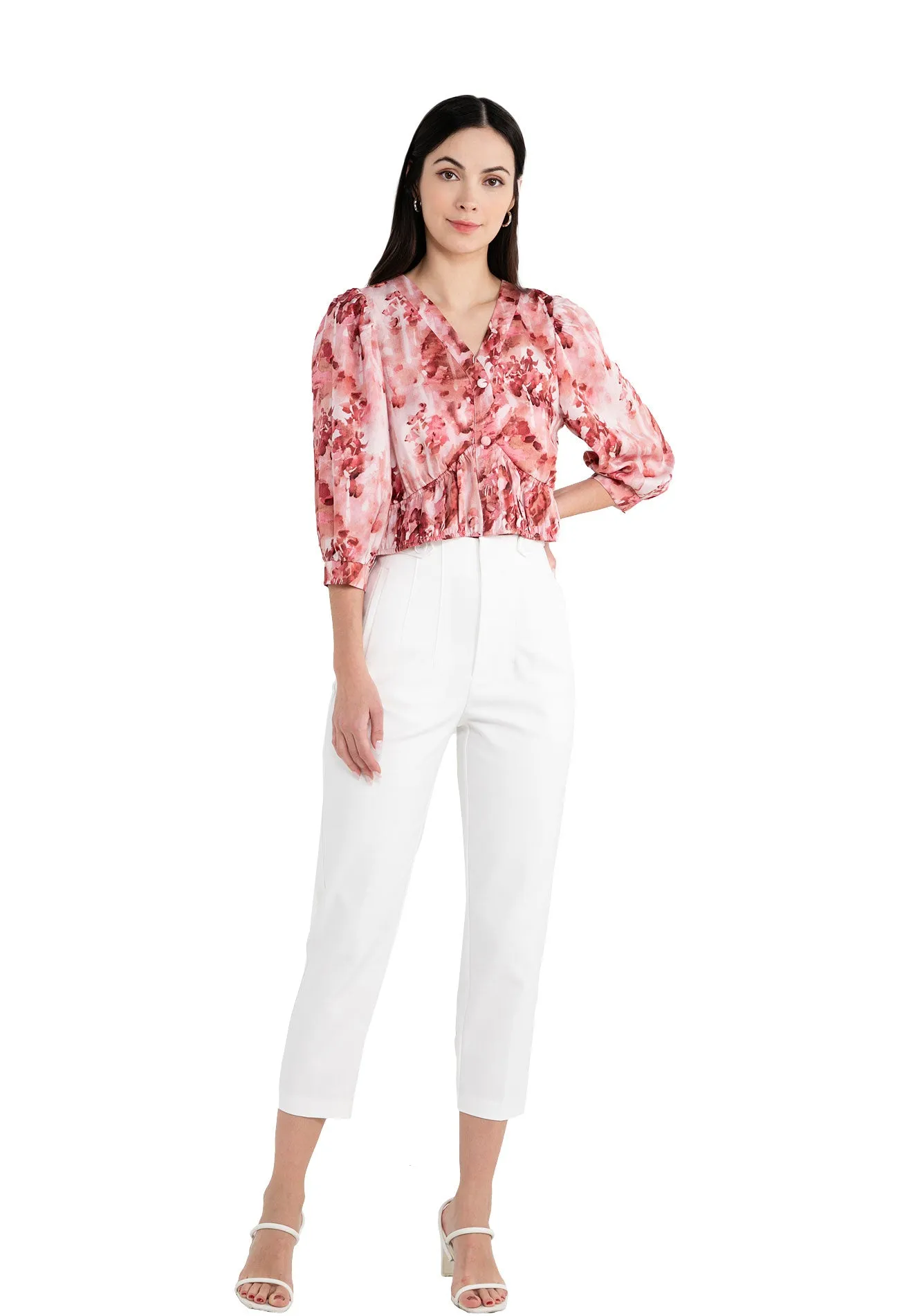 ELLE Apparel Floral V Neck Button Half Sleeves Top