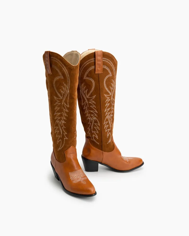 Embroidered Chunky Stacked Heel Mid Calf Knee High Western Boots