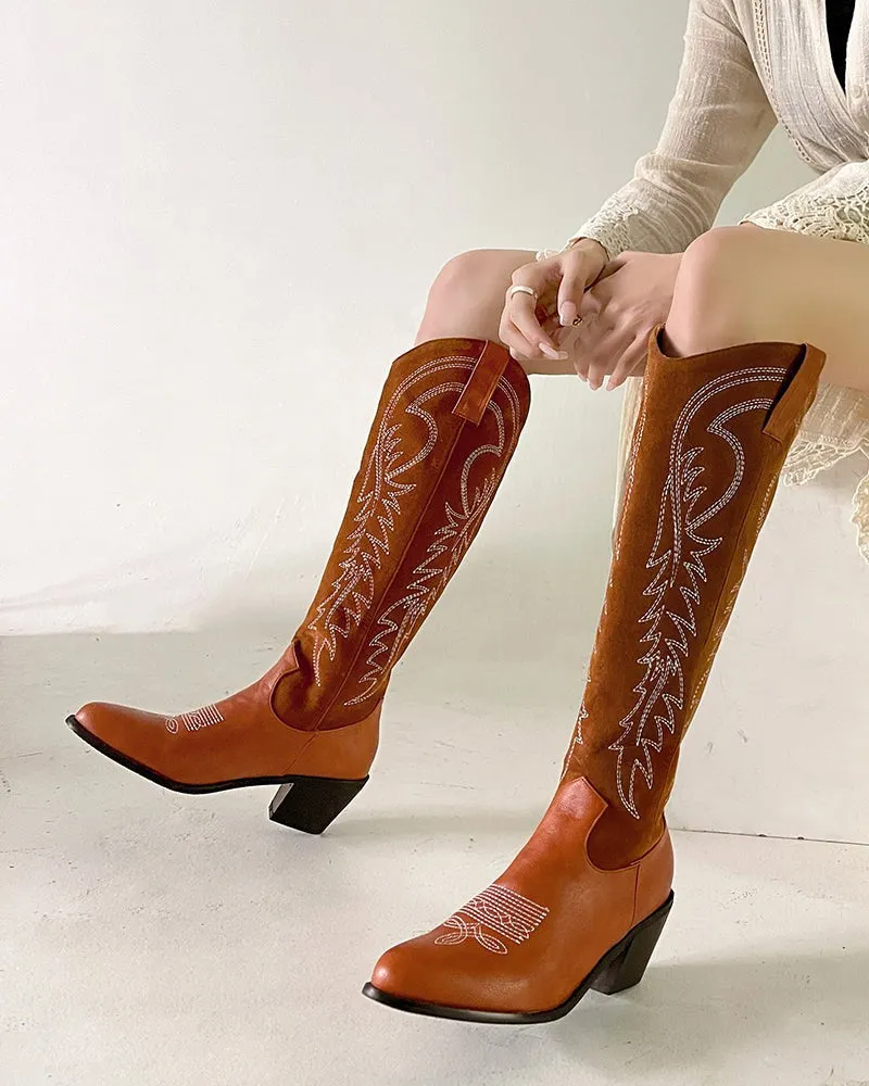 Embroidered Chunky Stacked Heel Mid Calf Knee High Western Boots