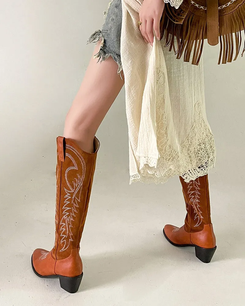 Embroidered Chunky Stacked Heel Mid Calf Knee High Western Boots