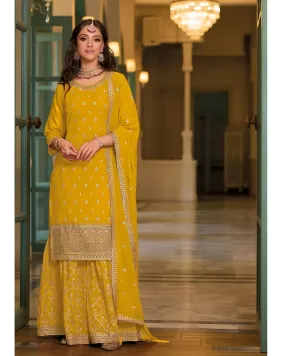 Embroidered Georgette Sharara Suits Yellow