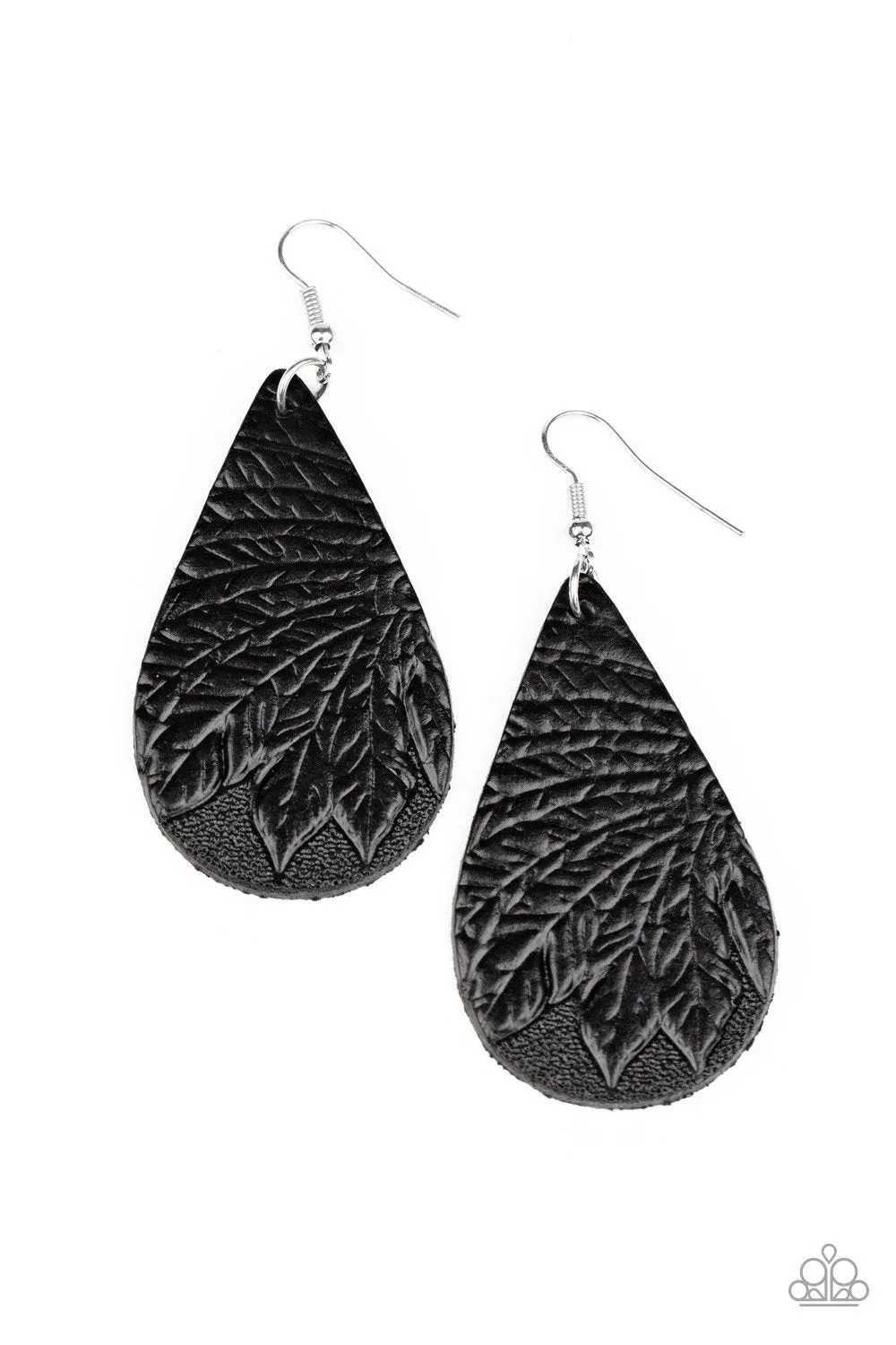 Everyone Remain PALM! Black Leather Earrings - Paparazzi Accessories