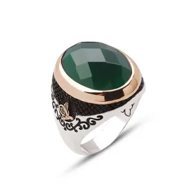 Facet Cut Green Zircon Stone Ellipse Silver Men’s Ring Siding Ottoman Tughra and Branch Pattern