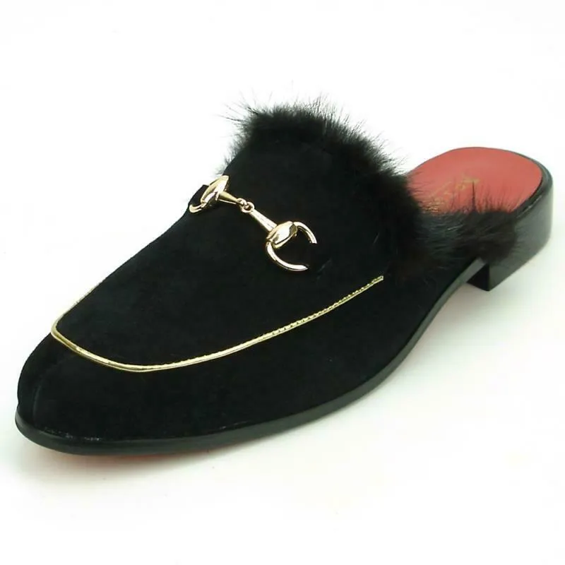 Fiesso Suede Mules Sandals With Fur FI 7187-2 Black,Red,Green,White,Tan