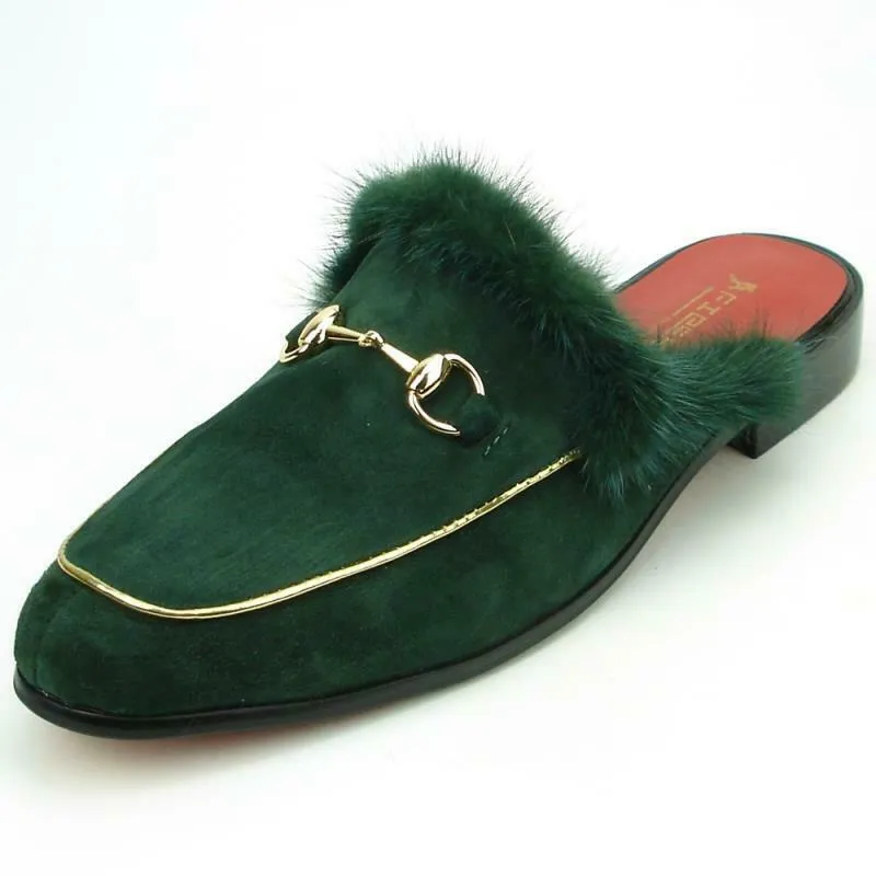 Fiesso Suede Mules Sandals With Fur FI 7187-2 Black,Red,Green,White,Tan