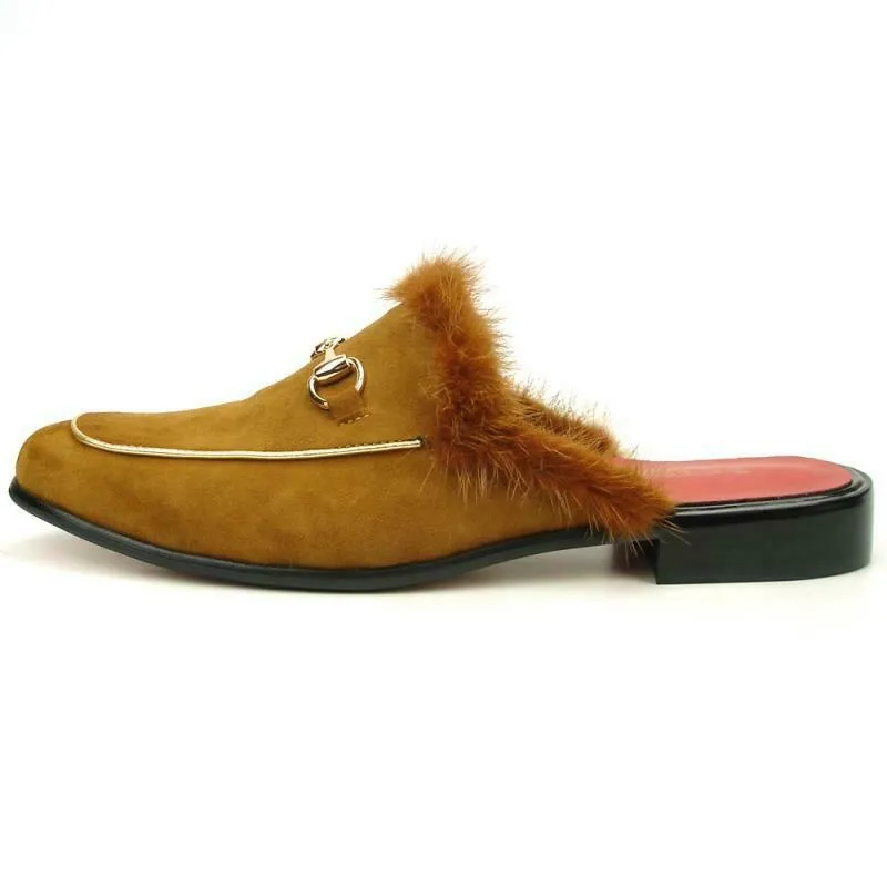 Fiesso Suede Mules Sandals With Fur FI 7187-2 Black,Red,Green,White,Tan