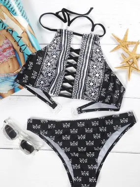 Floral Cutout Halter Bikini Sets