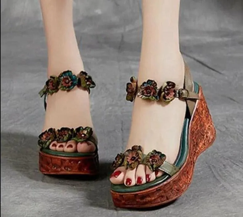 Floral PU Leather Wedge Sandals