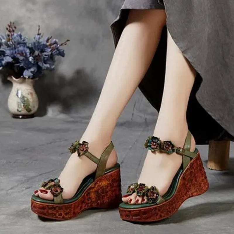 Floral PU Leather Wedge Sandals