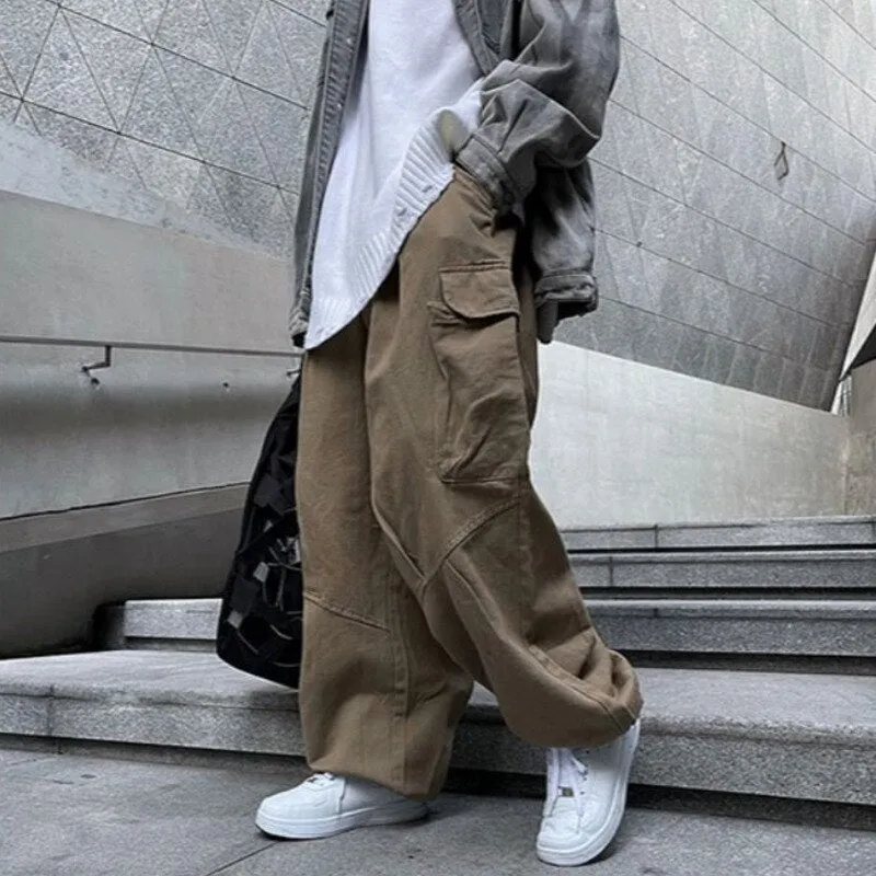 Foesce -Men's Drawstring Overalls Wide Leg Pants Loose Hip Hop Cargo Casual Pants Military Style Trousers Joggers Sweatpants