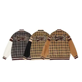 Foesce -NEW Letter embroidered contrast stitched plaid coat men's autumn Street trend loose stand collar Baseball Jacket