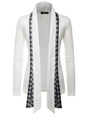 (GD92) Slim Fit Hound tooth Check Open Front Shawl Collar Stylish Wool Cardigan WHITE US L(Tag size 2XL)