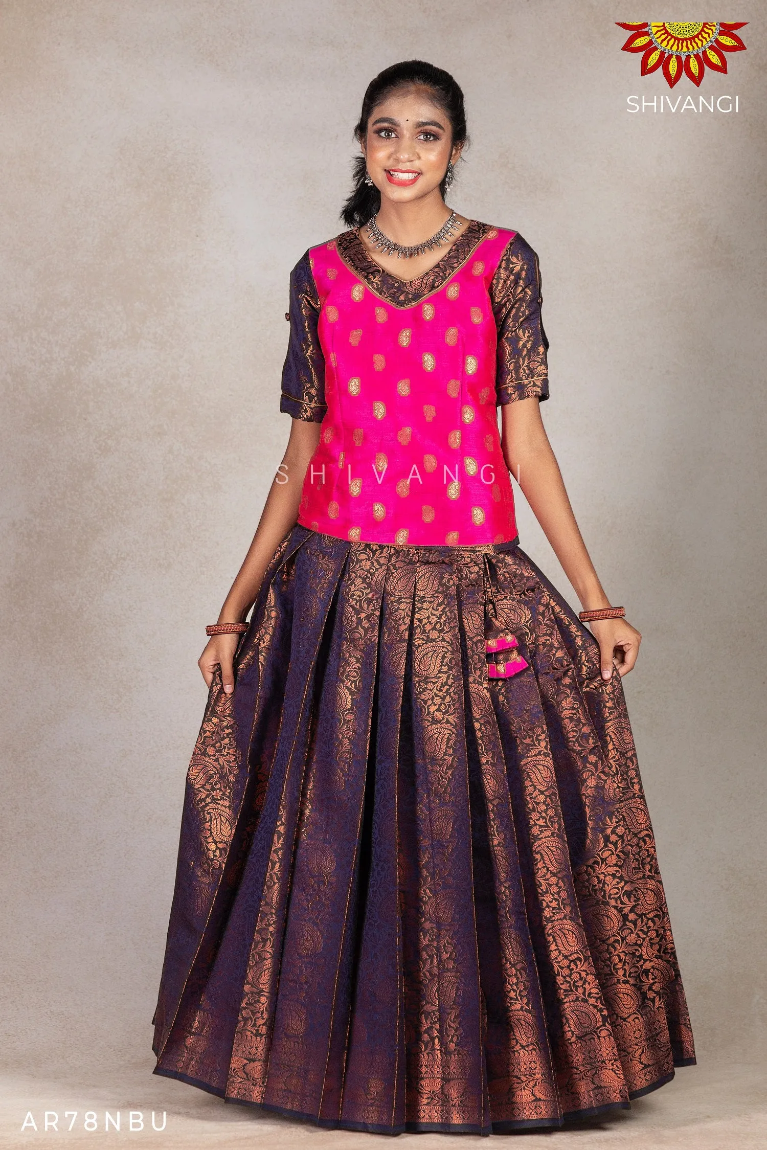 Girls Blue Vintage Mango Pattu Pavadai | Lehenga