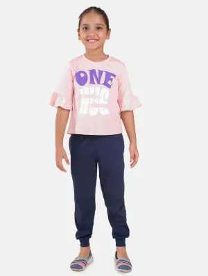 Girls Printed Frill Half Sleeve T-Shirt & Solid Track Pant Set