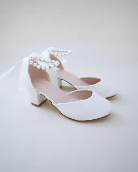 Girls Satin Block Heel with Pearls Ankle Strap