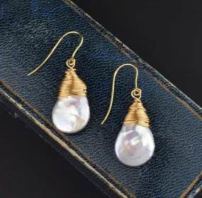 Gold Wire Wrapped Dangle Baroque Pearl Earrings