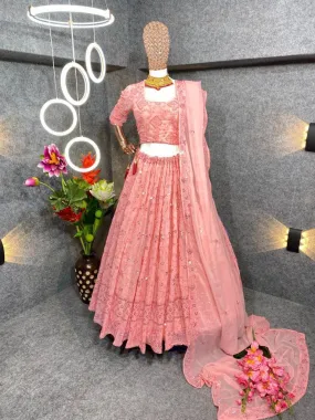 Gorgeous Pink Colored Faux Georgette Embroidery And Sequence Work Lehenga & Cholis For Women