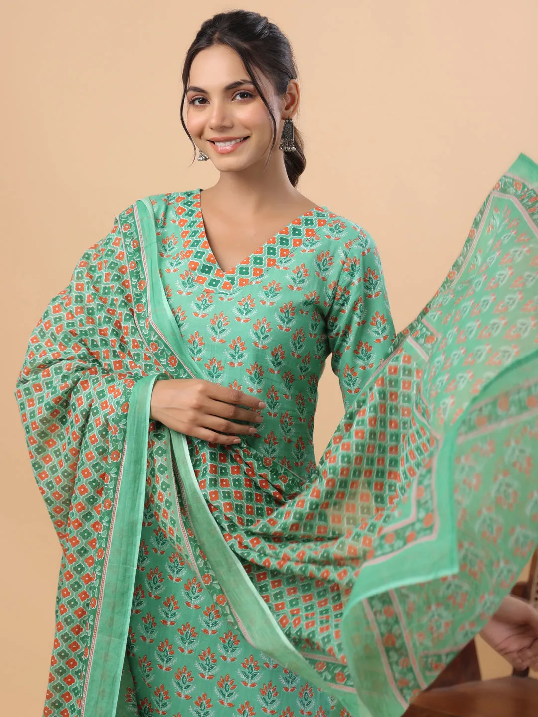 Green Cotton Ethinc Motifs Regular Kurta Set