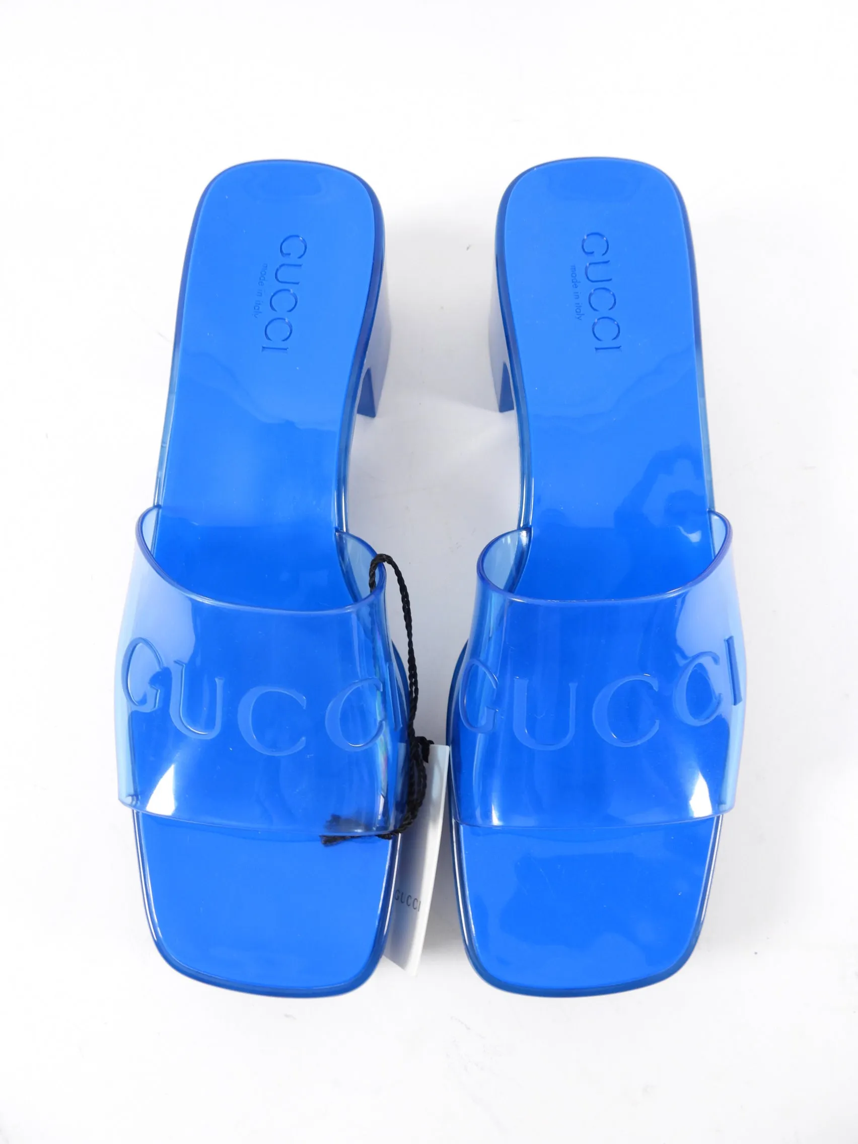 Gucci Blue Jelly Block Heel Logo Sandals - 40