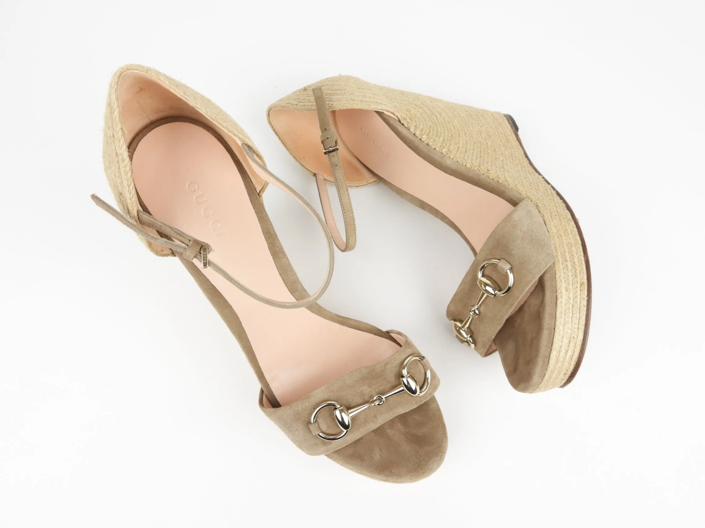 Gucci Carolina Taupe Suede and Raffia Espadrille Wedge Sandals - 39