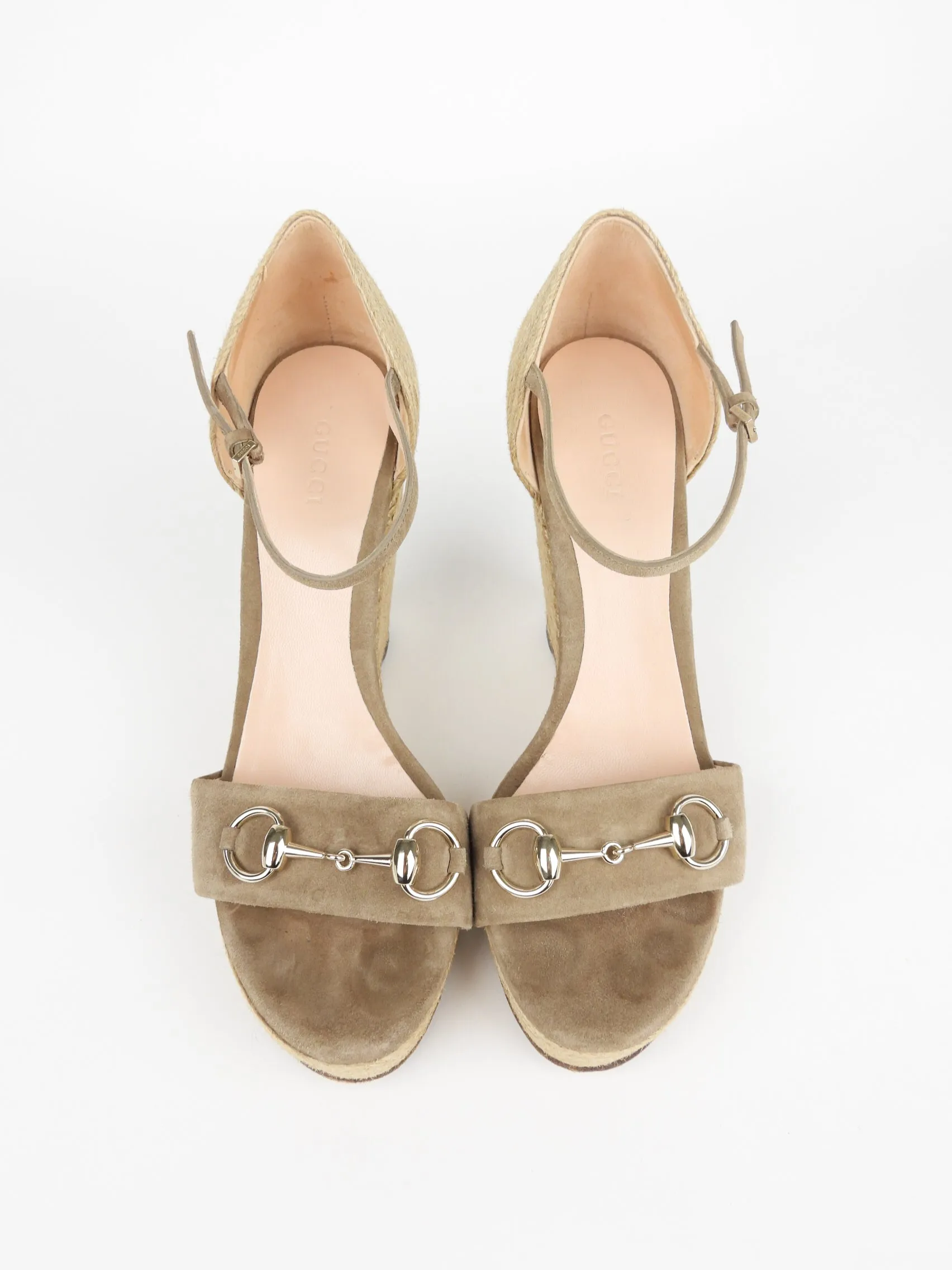 Gucci Carolina Taupe Suede and Raffia Espadrille Wedge Sandals - 39