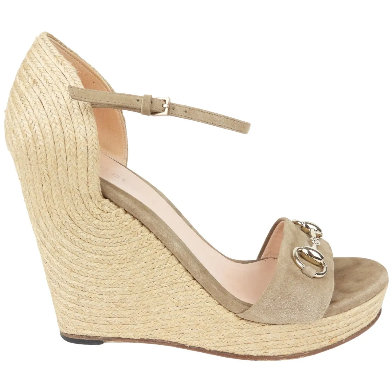 Gucci Carolina Taupe Suede and Raffia Espadrille Wedge Sandals - 39