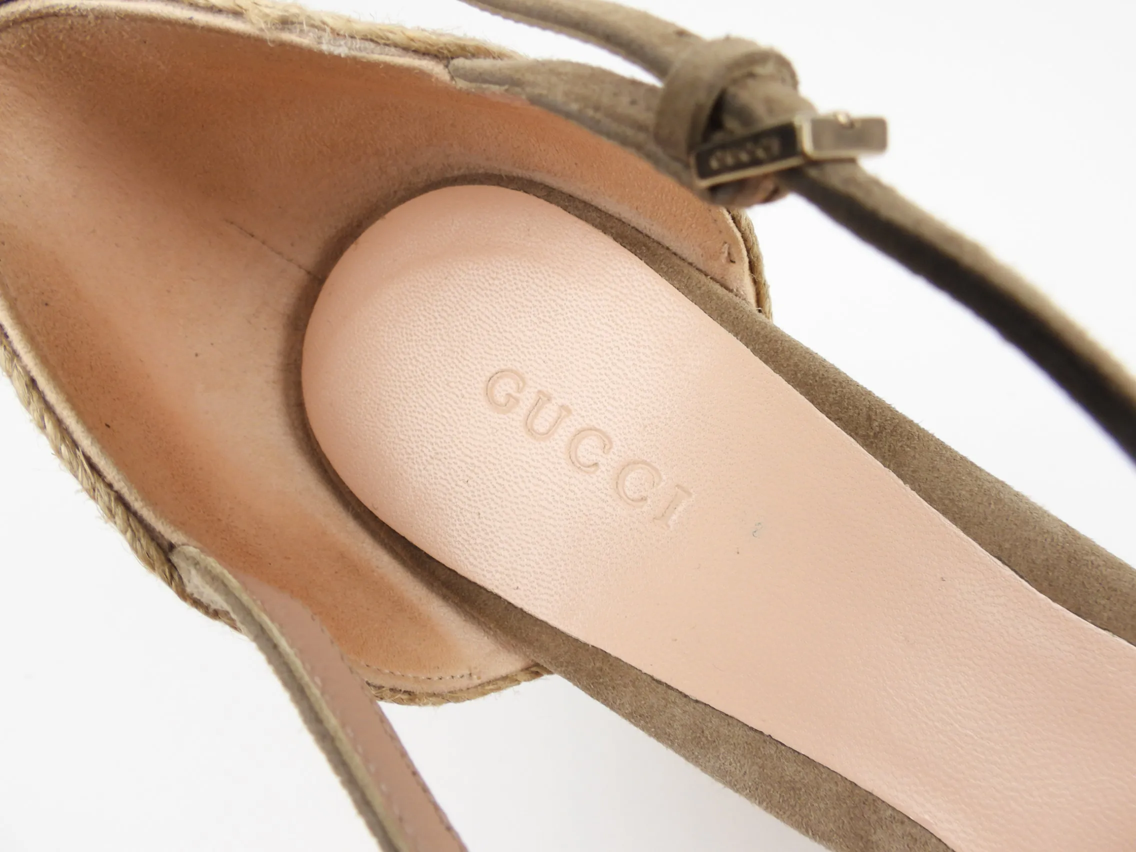 Gucci Carolina Taupe Suede and Raffia Espadrille Wedge Sandals - 39