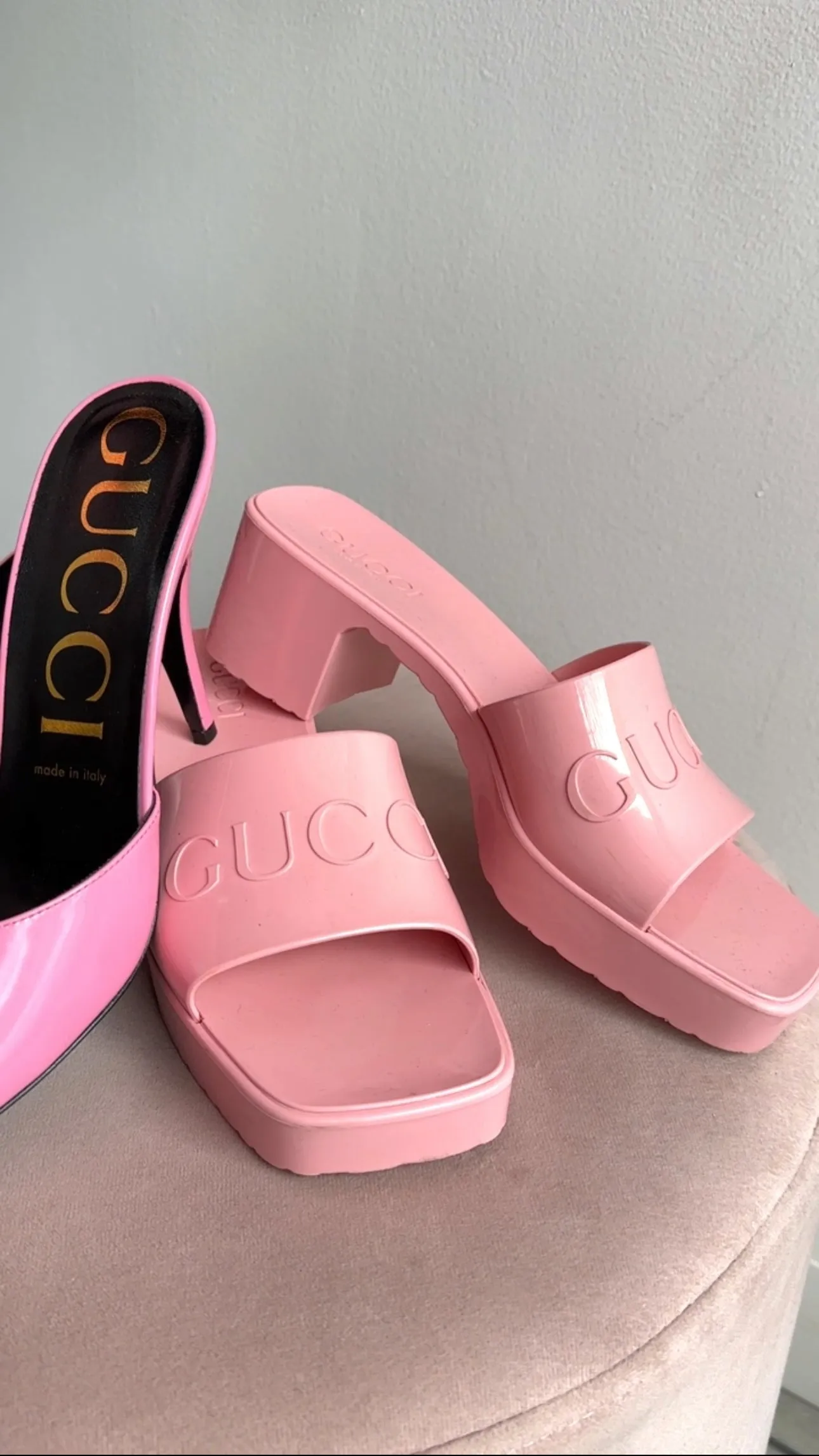 Gucci Light Pink Rubber Block Heel Sandals - 36 / 6.5