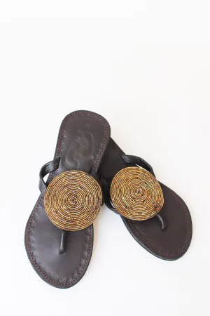 Hand Beaded Flip Flops, Gold Discs