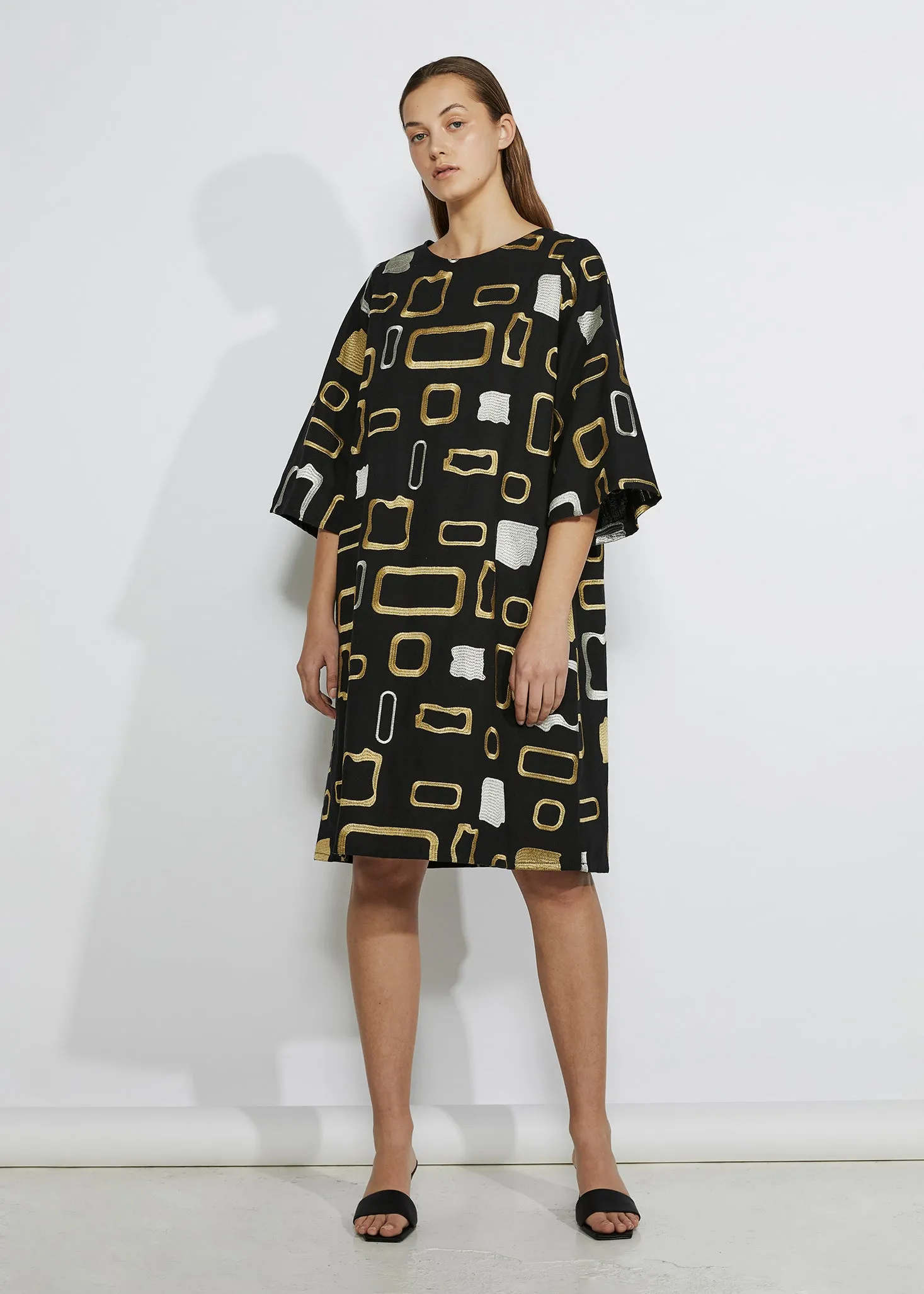 HEAVY METAL DRESS [ Gold, Silver Patterned Embroidery On Black Cotton ]