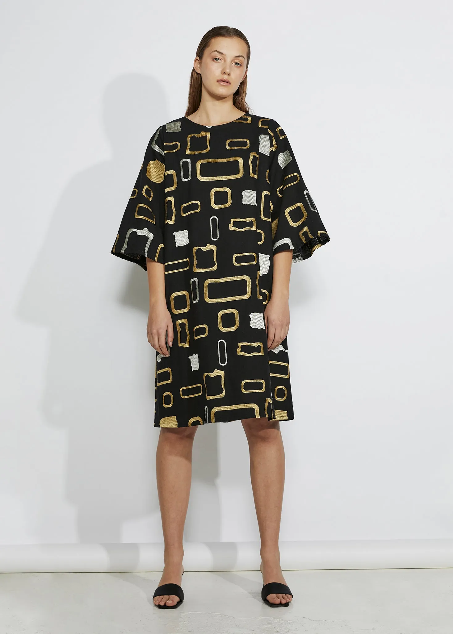 HEAVY METAL DRESS [ Gold, Silver Patterned Embroidery On Black Cotton ]