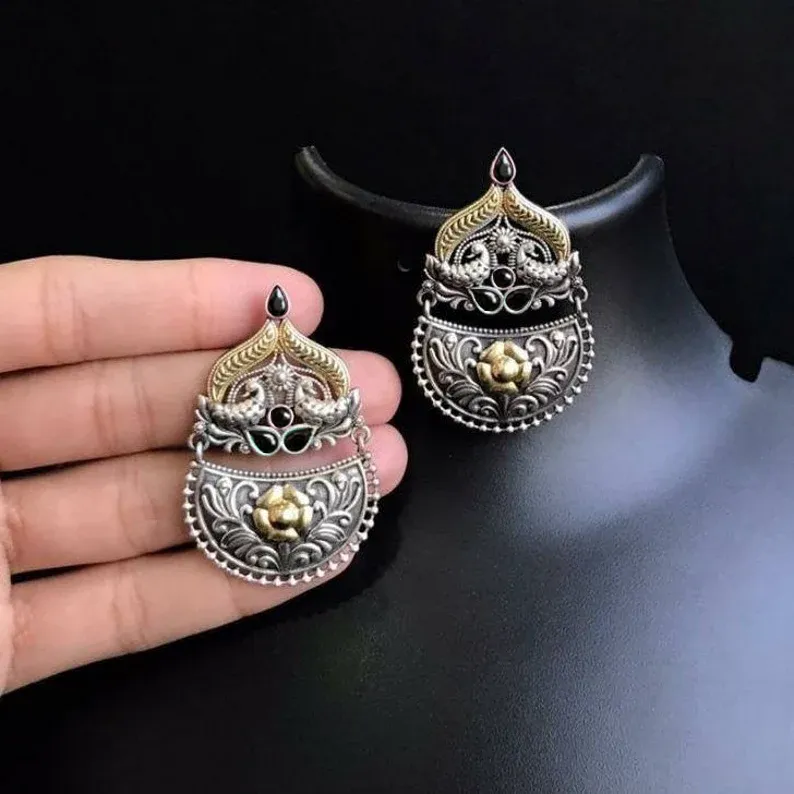 High End Oxidized Dual Tone Floral Studded Earrings