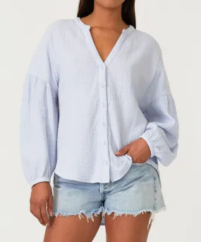 High-Low Button Down Blouse - Dusty Blue