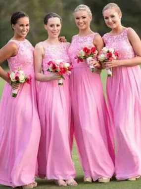 High Quality Bateau Sleeveless Floor-Length Hot Pink Bridesmaid Dress