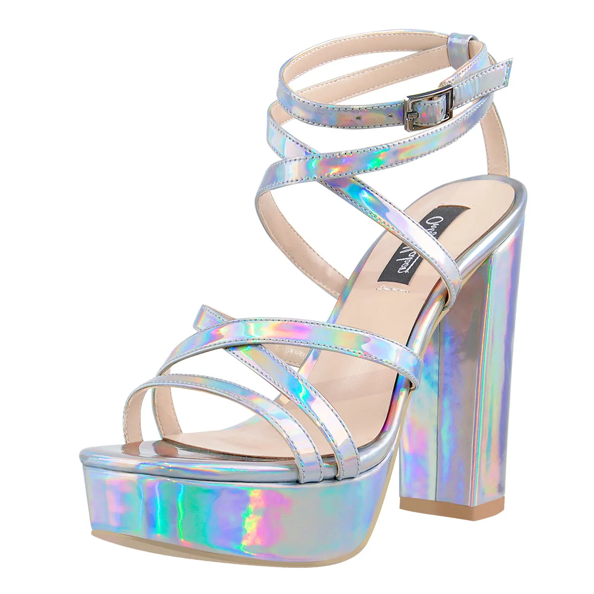 Holographic Open Toe Platform Cross Ankle Strap Chunky Square Heels Sandals