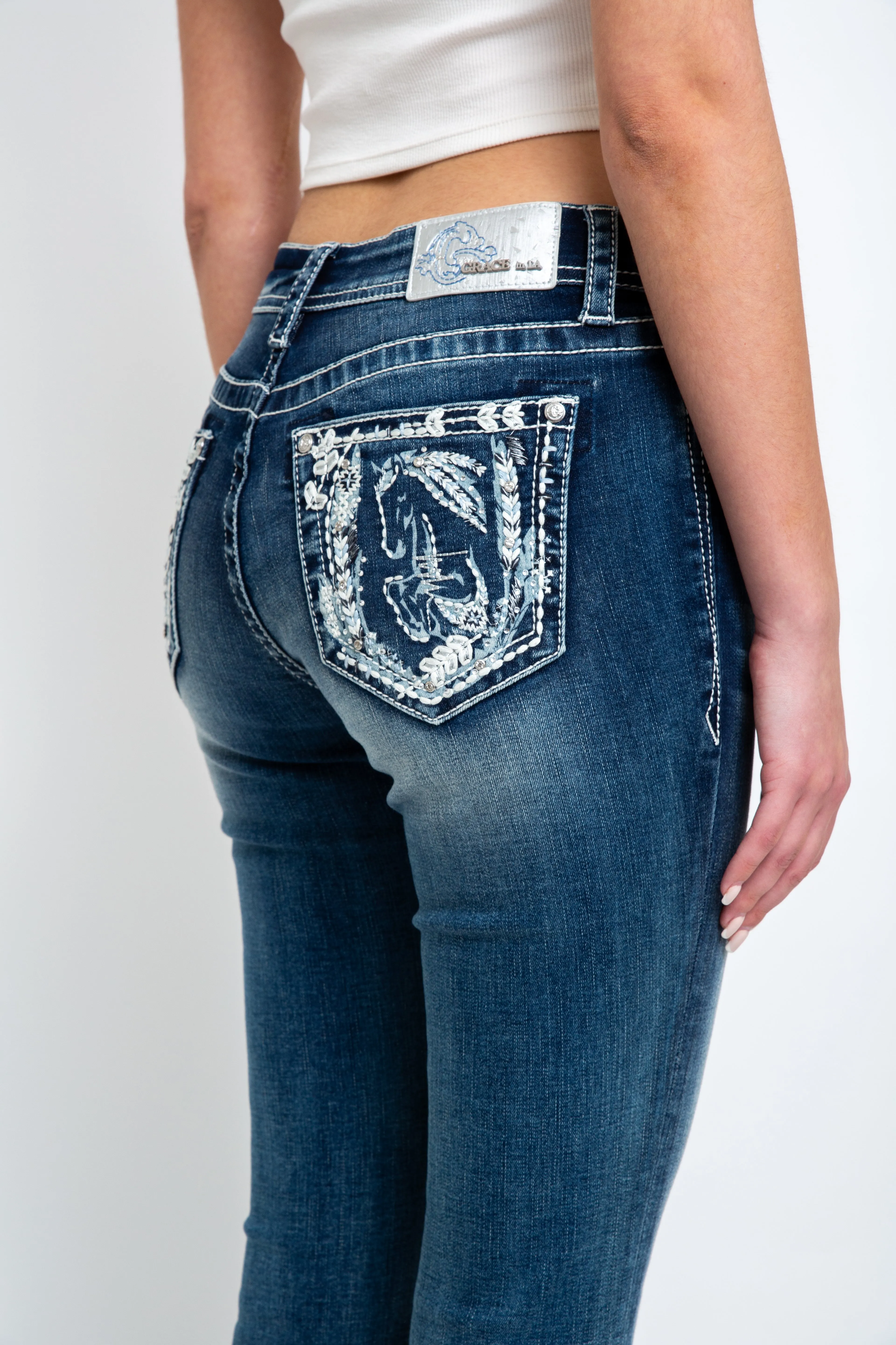 Horse Head Modify Embellished Mid Rise Bootcut Jeans